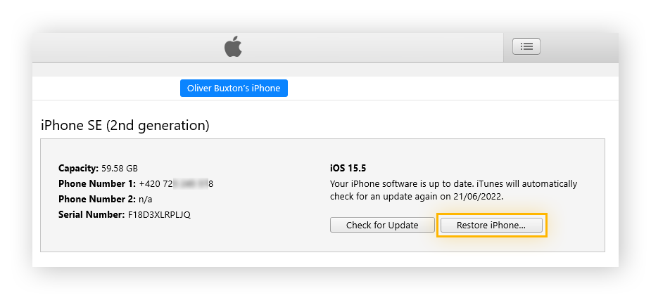 Riepilogo delle impostazioni del dispositivo iPhone all'interno dell'app iTunes.