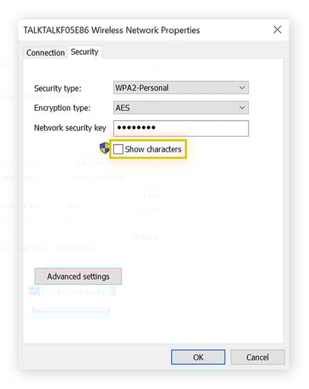 A screenshot showing how to find network security key on Windows 10.
