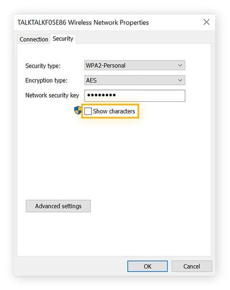 A screenshot showing how to find network security key on Windows 10.