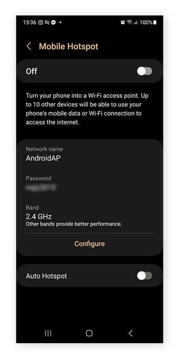 A screenshot showing how to find your hotspot network name and network security key (password) on Android.