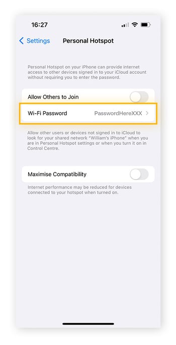 Screenshot showing how to find hotspot password on iPhone