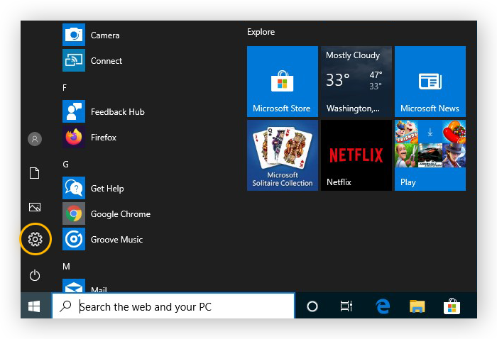 Abrindo as configurações no menu Iniciar do Windows 10