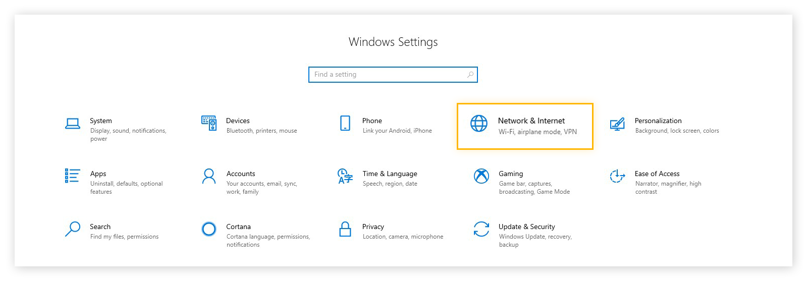 Apertura delle impostazioni Rete e Internet in Windows 10