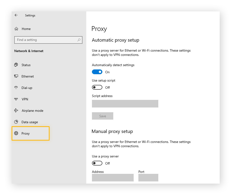 Viewing proxy settings in Windows 10