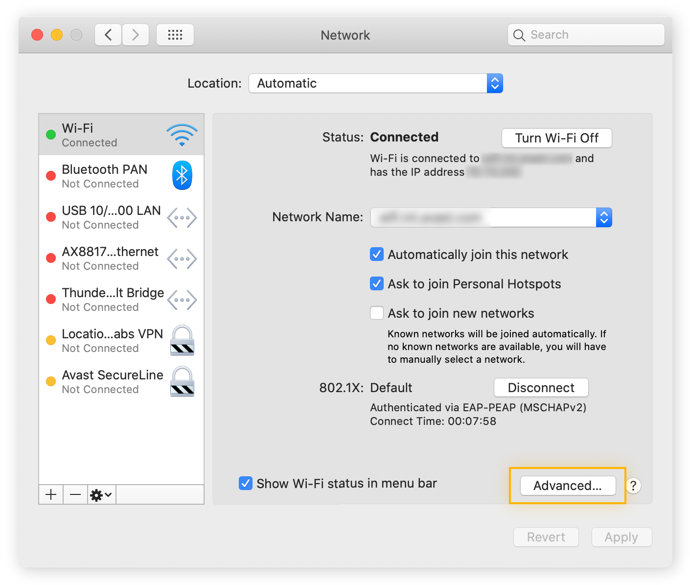 Opening advanced network settings in macOS