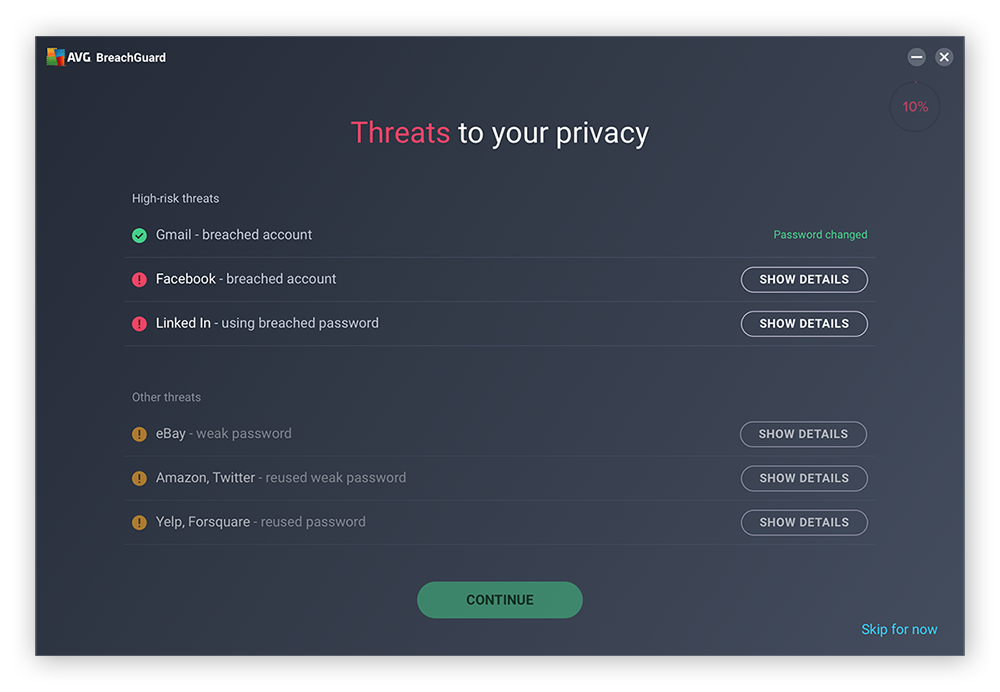 AVG BreachGuard aiuta a proteggere la tua privacy eseguendo la scansione del Web alla ricerca di fughe di dati.