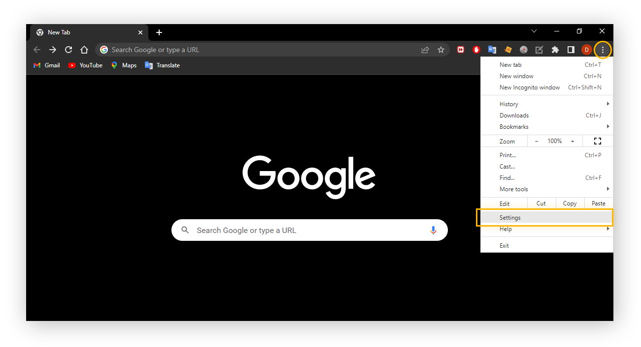 Ouverture des paramètres dans Google Chrome.