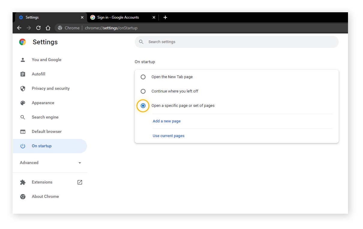 Selecting the "Open a specific page or set of pages" option in Google Chrome settings