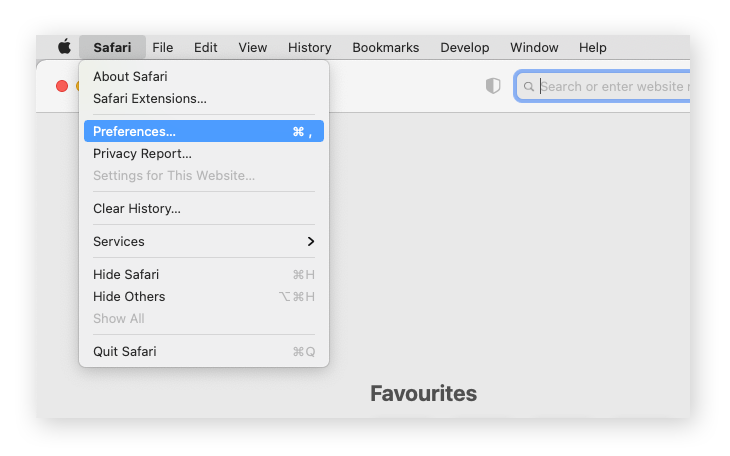 Accessing Preferences from within the Safari browser menu.