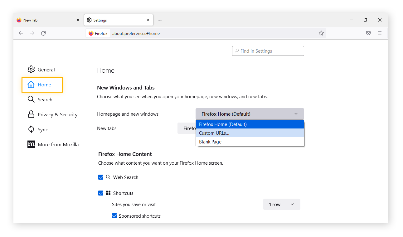 Selecting a custom URL in the "Home page and new windows" setting of the Firefox browser.