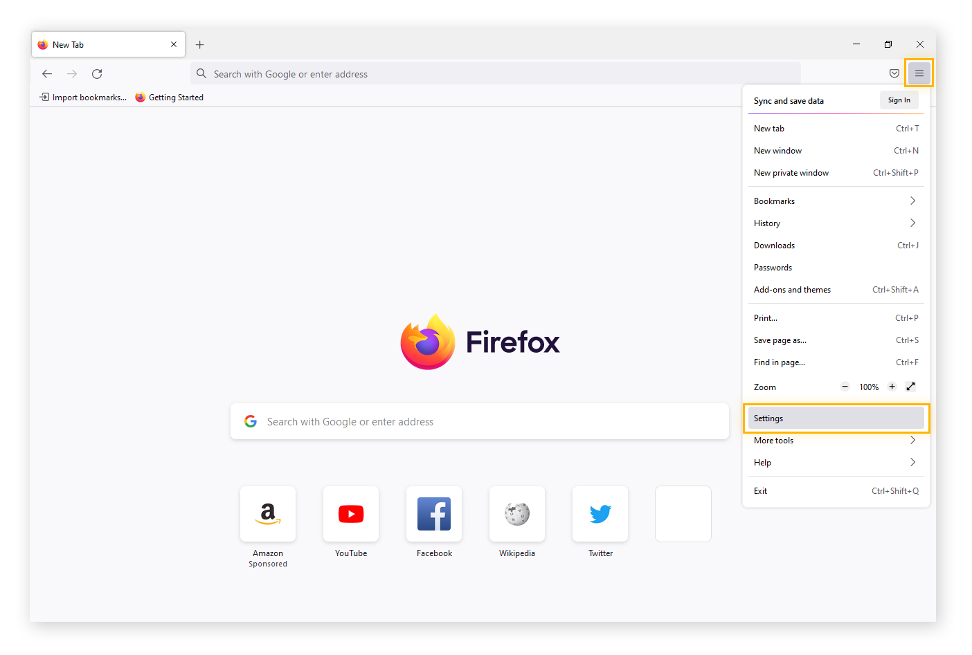 Accessing the Firefox browser settings.