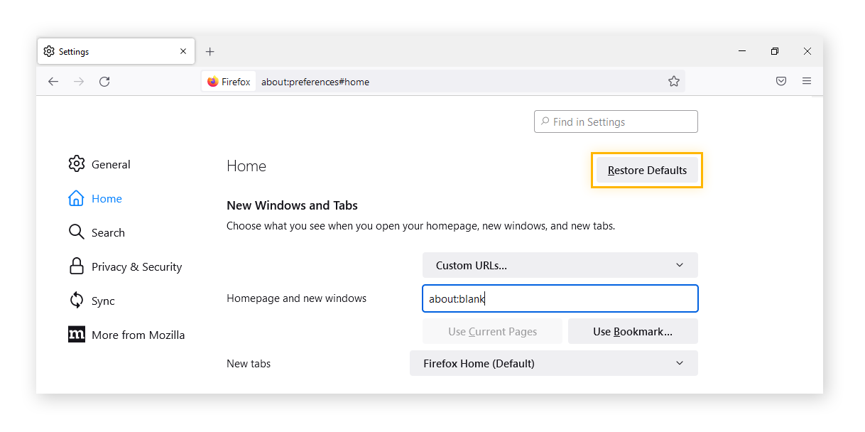 Clic sur « Restaurer les paramètres par défaut » pour supprimer la page about:blank en tant qu’URL personnalisée pour le paramètre « Page d’accueil et nouvelles fenêtres » dans Firefox.