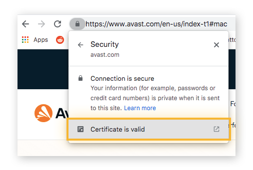 lucchetto su cui è stato fatto clic nel browser che mostra la validità del certificato SSL.