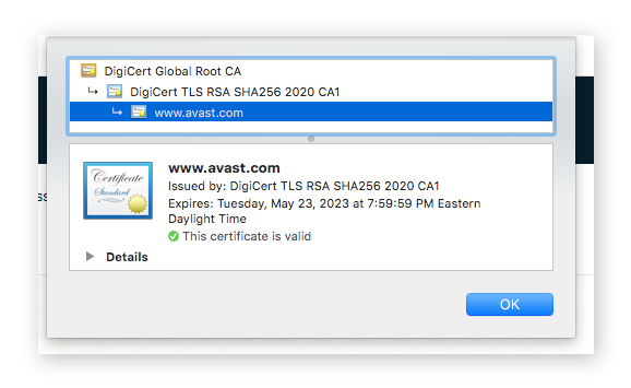 Informatie over SSL-certificaat in een browser.