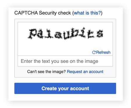 Afbeelding van een Text CAPTCHA-test, met een vervormde reeks letters