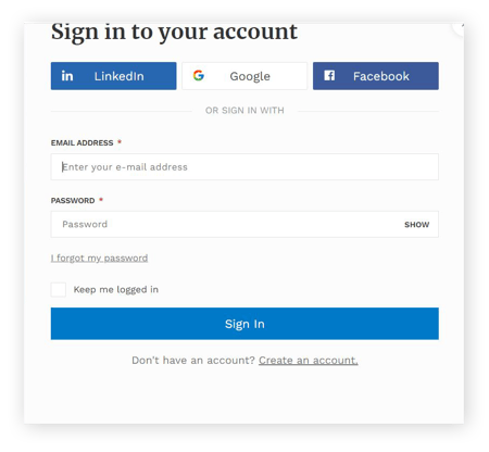 Une page d’authentification unique, avec la possibilité de se connecter via LinkedIn, Facebook ou Google
