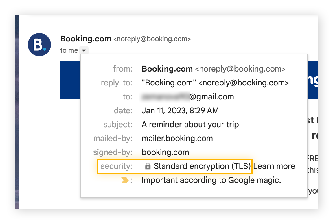A Booking.com email with the gray padlock highlighted next to Standard encryption (TLS)