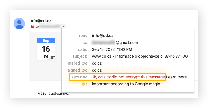 Un e-mail dans Gmail avec un cadenas rouge en regard de la mention Sécurité