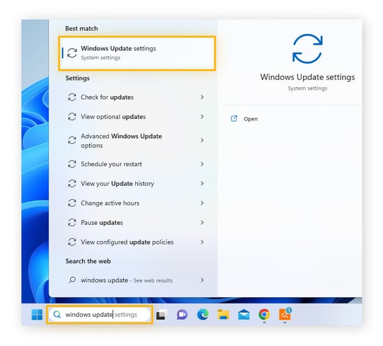  Comience a escribir Configuración de Windows Update en el cuadro de búsqueda y abra la opción cuando aparezca.