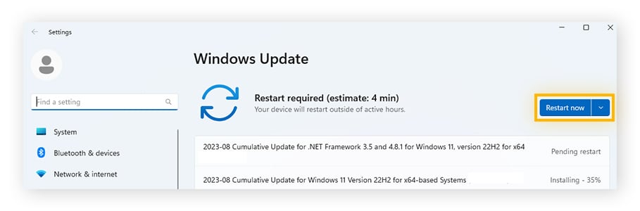 Click Restart now if there are updates available or Check for updates.