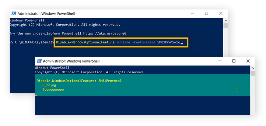 Zodra u de opdracht om SMBv1 uit te schakelen typt en op Enter drukt, zal Windows beginnen met het uitschakelen van het protocol.