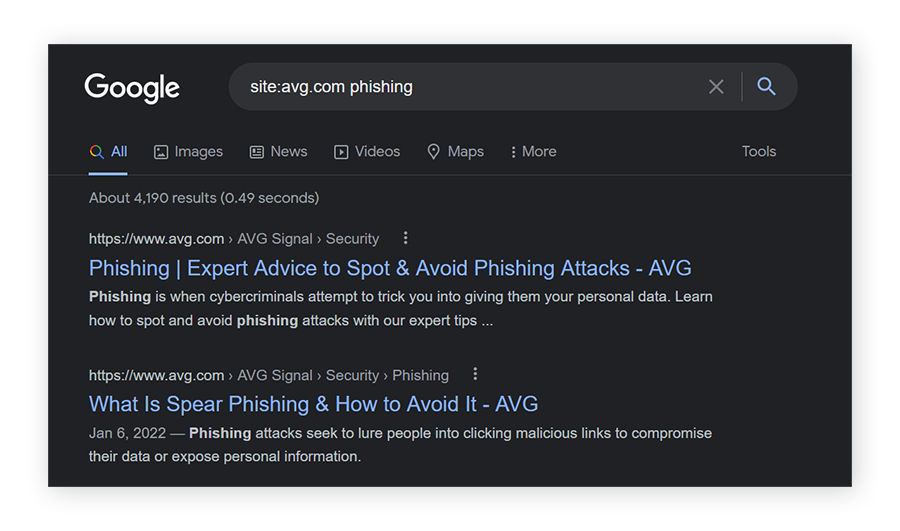 Een zoekopdracht in Google naar site:avg.com phishing. Alle resultaten zijn van avg.com en hebben allemaal te maken met phishing.