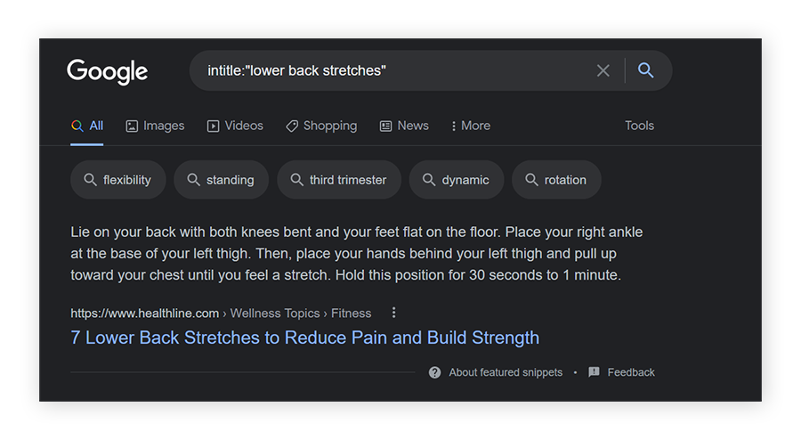 Uma pesquisa do Google para intitle:”lower back stretches” (alongamentos para a lombar)