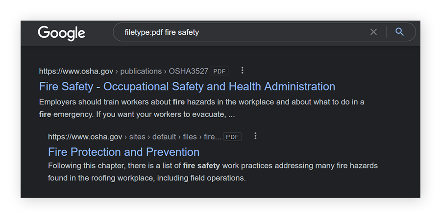 Een zoekopdracht in Google naar filetype:pdf brandveiligheid. Alle gevonden resultaten zijn pdf-bestanden.