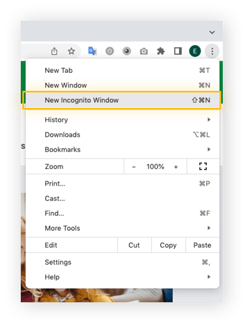 Para abrir uma janela anônima no Chrome, selecione “Nova janela anônima” no menu.