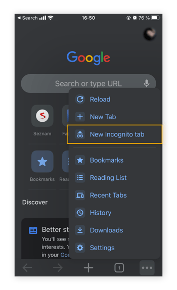 Auswahl von „Neuer Inkognitotab“, um privates Surfen in der Chrome-App auf dem Smartphone zu aktivieren.