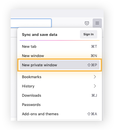 Para iniciar o modo de navegação privada no Firefox, selecione “Nova janela privada” no menu.