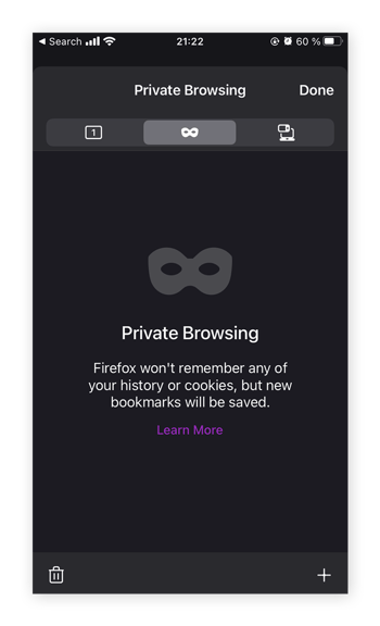 Select the mask icon to enable Firefox Private Browsing mode on iOS.