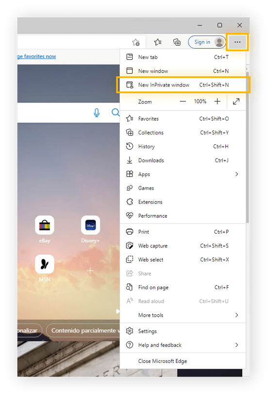 Klicken auf das Menü (drei Punkte) in Microsoft Edge und Auswahl von „Neues InPrivate-Fenster“, um den privaten Browser-Modus zu starten.