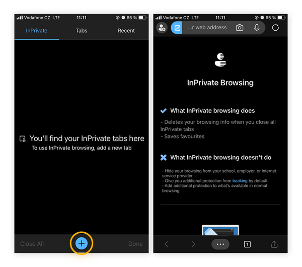 How to use Edge private browsing on an iPhone