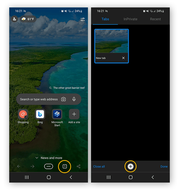 Om privé browsen in Edge voor Android te openen, tikt u op het tabbladpictogram en selecteert u vervolgens InPrivate.
