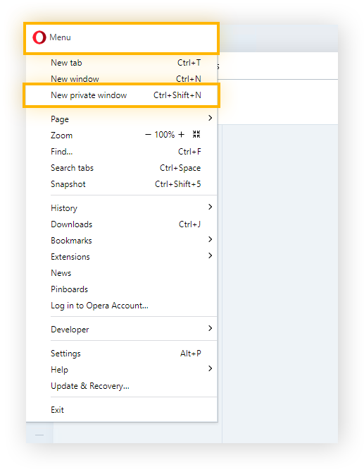 En Opera, haga clic en el Menú (logo de Opera), luego seleccione Nueva ventana privada para comenzar a navegar de forma privada.