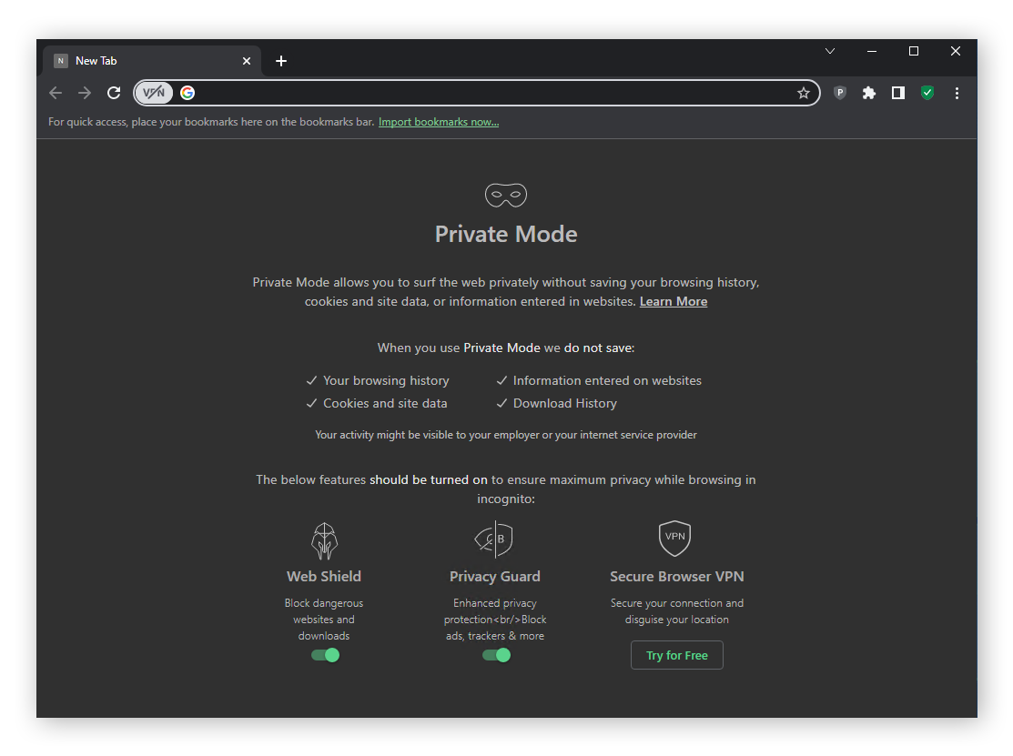 Private Mode in AVG Secure Browser includes built-in Web Shield and Privacy Guard to prevent against online tracking threats.