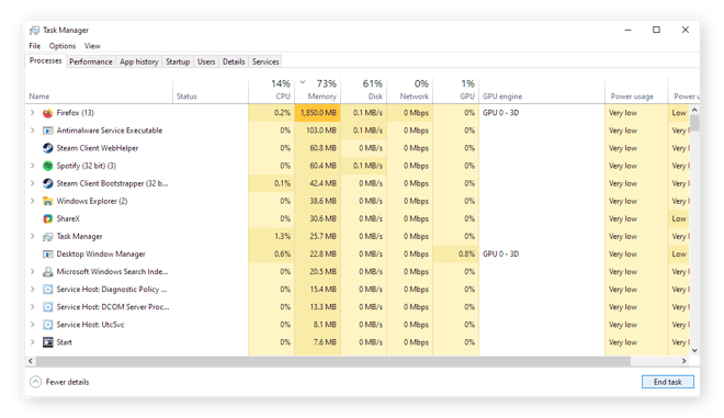 A screenshot of Windows Task Manager with memory column highlighted.