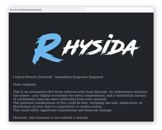 La nota de rescate utilizada por Rhysida, que intenta convencer al usuario de que Rhysida recuperará sus datos.