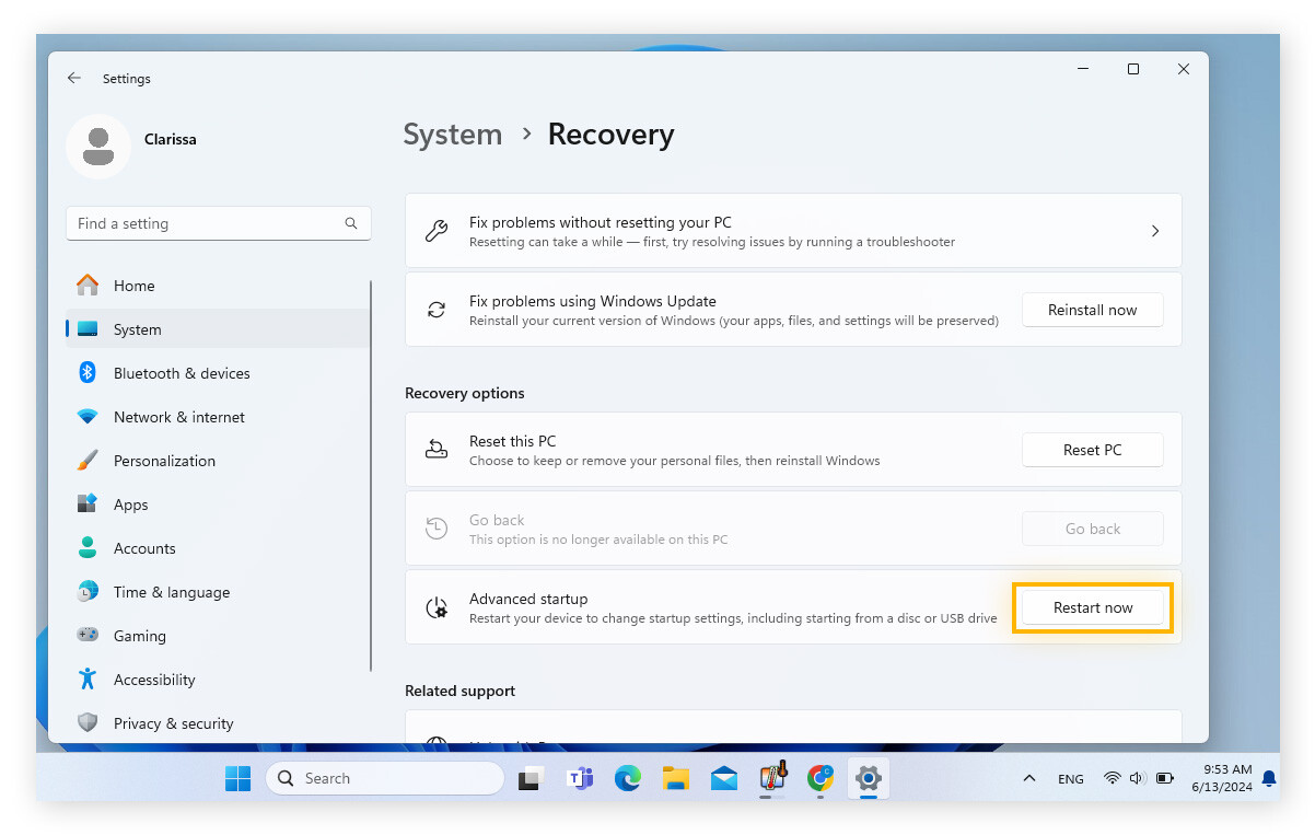 How to boot in safe mode via Recovery settings.