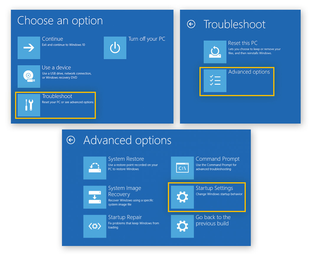 Click Troubleshoot, Advanced options, then Startup Settings.