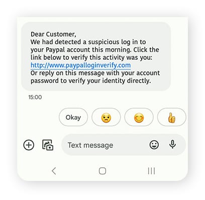 An example of a smishing message sent to try to get access to a financial account.