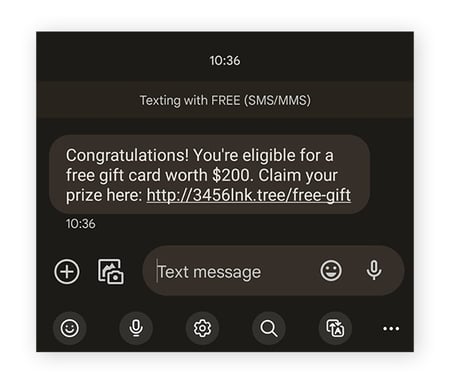 A smishing message sent about a gift card scam.