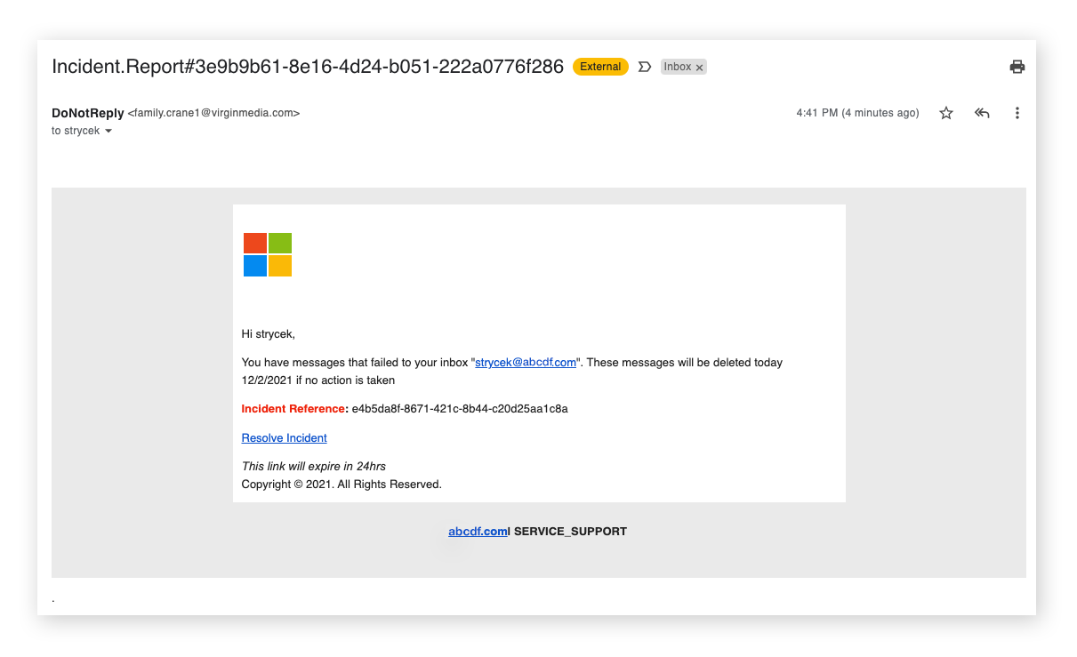 Eine Spear-Phishing-E-Mail ist mit dem Logo eines bekannten Unternehmens versehen, womit das Opfer zum Klicken auf einen verdächtigen Link veranlasst werden soll.
