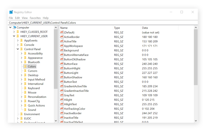 Screenshot dell'Editor del Registro di sistema che mostra una gamma di specifiche opzioni di visualizzazione a colori personalizzabili, come ButtonText e ButtonShadow.