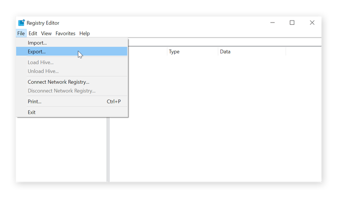 Register-editor is geopend, en de gebruiker heeft op Bestand geklikt. De muisaanwijzer is op de opdracht "Exporteren” geplaatst.