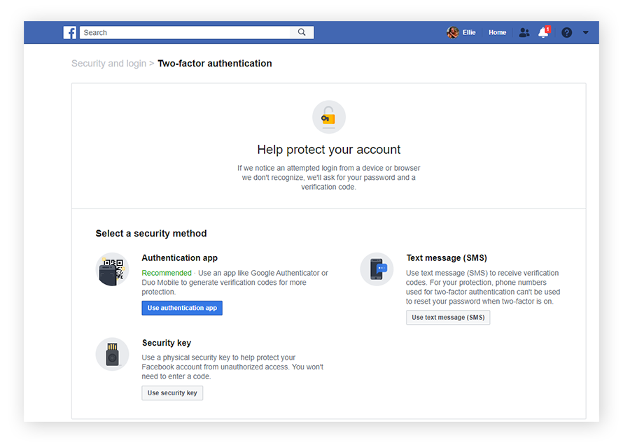 Opciones de autenticación en dos pasos de Facebook en la configuración de seguridad.