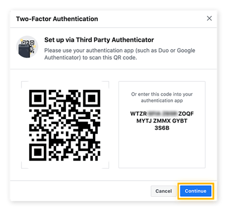 Instale Google Authenticator y escanee el código QR de Facebook para activar la 2FA.