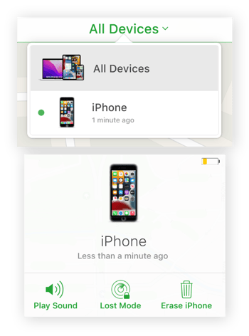 iPhone is geselecteerd in icloud.com/find, en er worden drie opties getoond: "Geluid afspelen", "Verloren modus" en "iPhone wissen".