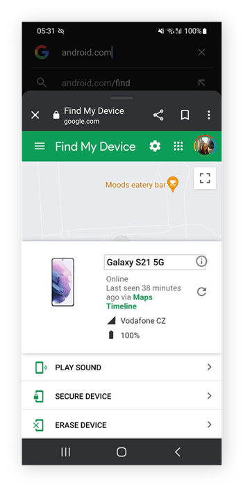 Abra https://www.google.com/android/find e entre para ver as opções de visualização de um smartphone Android.